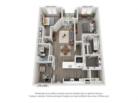 Floor plan for 2 beds, 2 baths, 1293 sqft